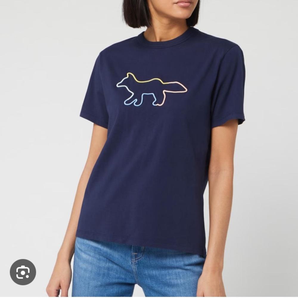 MAISON KITSUNE Navy Blue Tee with Multicolor Fox logo RARE size small